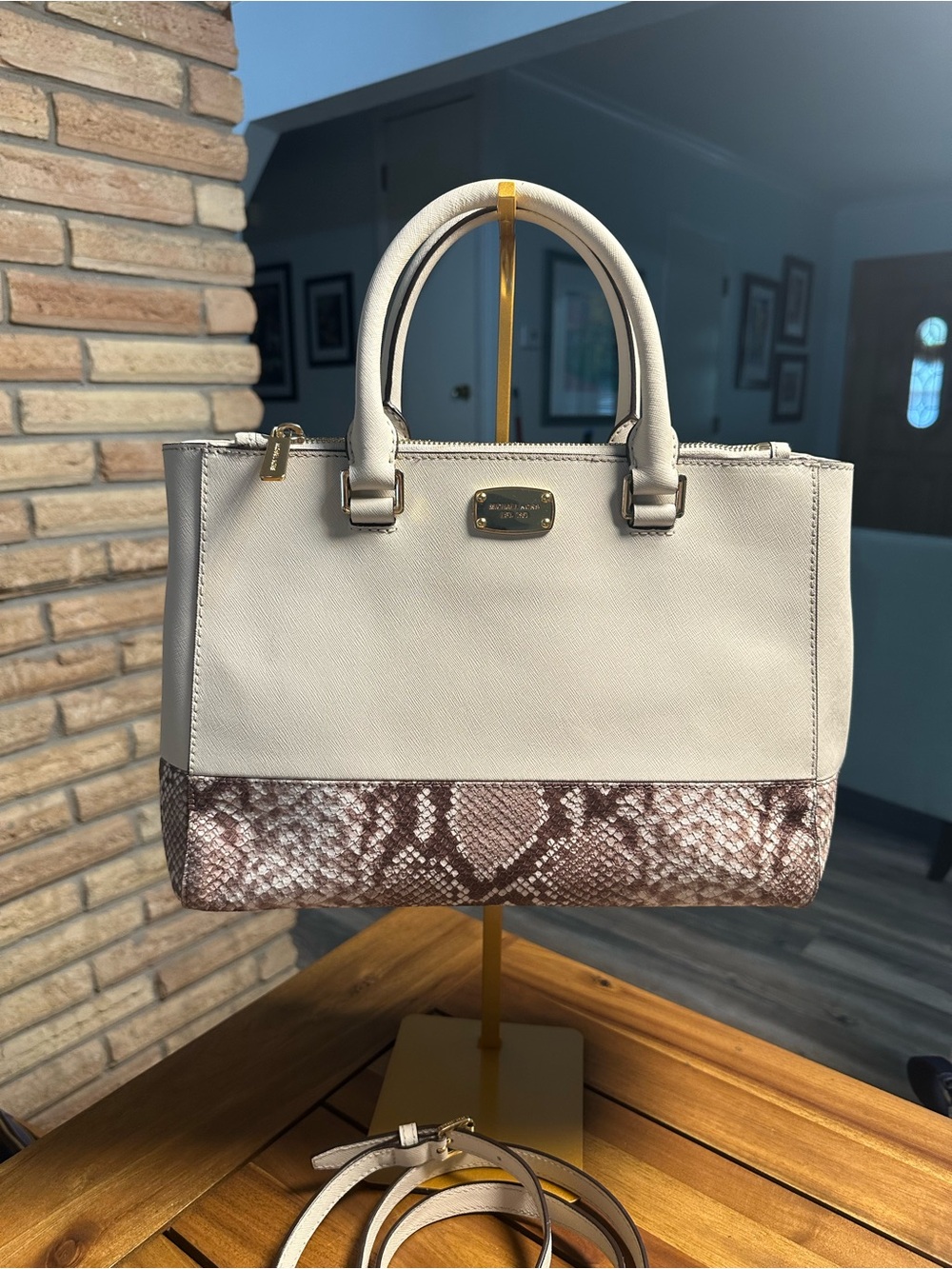 Michael Kors Cream Leather Satchel with Brown Snake-Print Trim